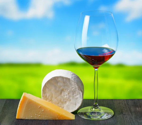 Cheese and glass of wine on nature background — Stock Photo, Image