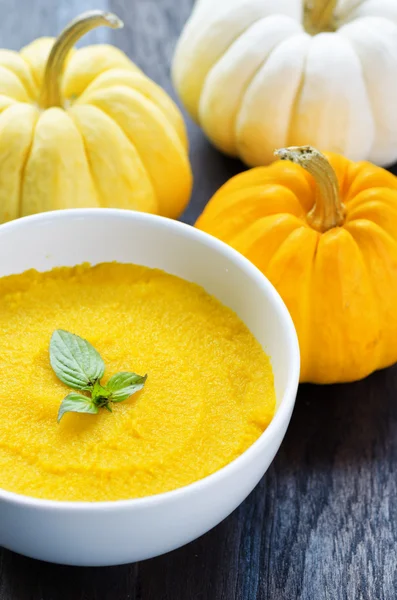 Porridge di zucca e zucche su tavolo di legno nero — Foto Stock