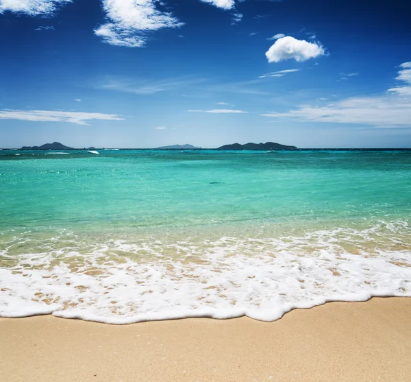 Güzel tropikal plaj ve mavi gökyüzü — Stok fotoğraf