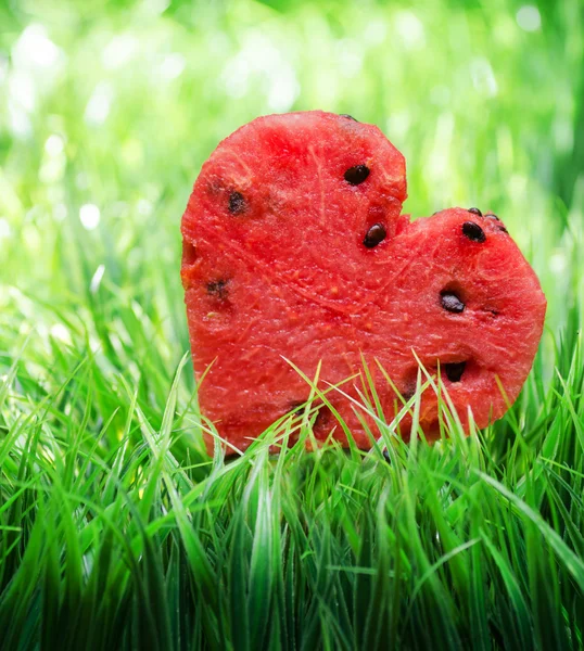 Watermelon heart on green grass. Valentine concept — Stock Photo, Image