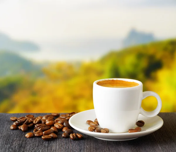 Csésze kávé a hegyvidék-háttere — Stock Fotó
