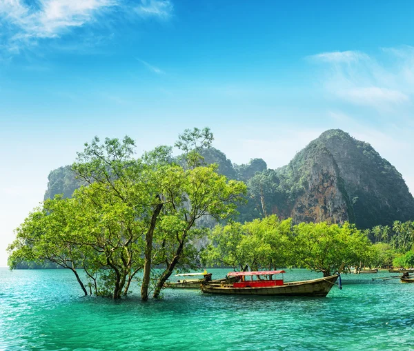 Barche sulla spiaggia Railay, Thailandia — Foto Stock