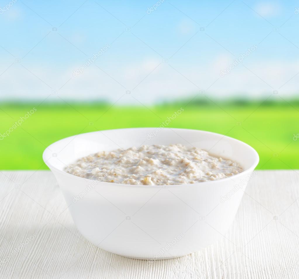 Bowl of oat porridge on nature background