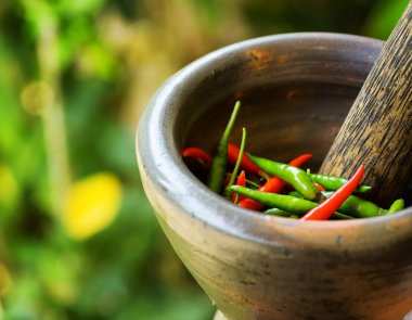 taş harç içinde kırmızı ve yeşil biber