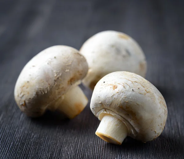 Fresh champignons on black wooden board — Stock Photo, Image