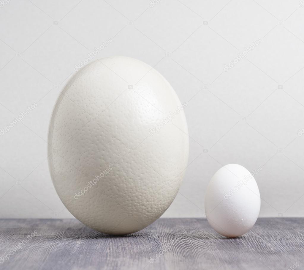Ostrich egg and chicken egg on black table