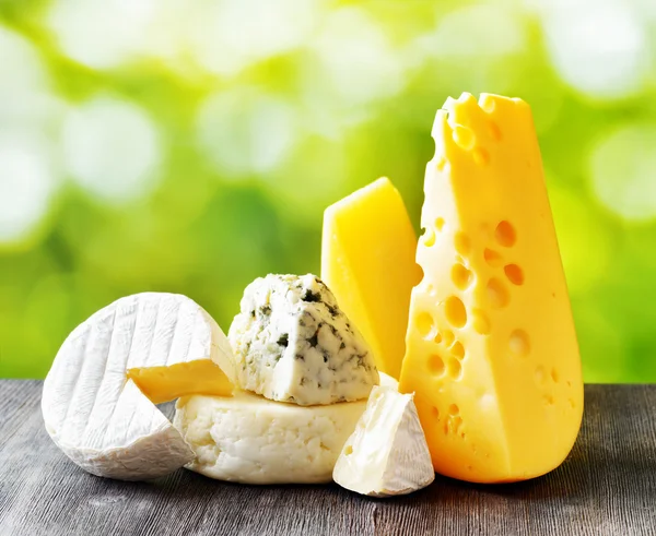 Different types of cheese on nature background — Stock Photo, Image