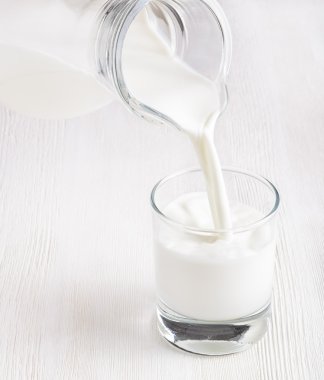 Beyaz tahta üzerinde bir cam içine dökülen süt