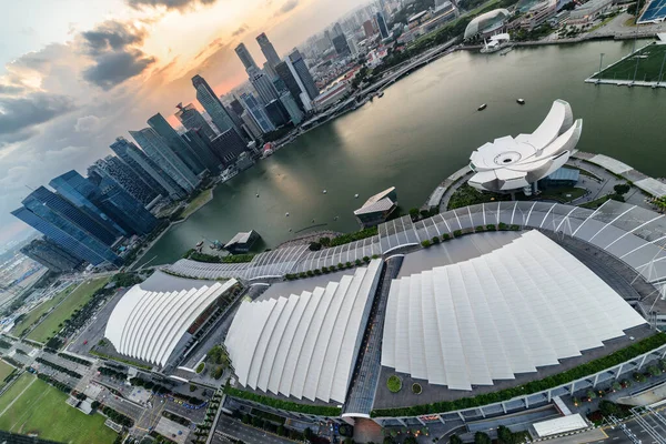 Vista Aérea Inusual Singapur Atardecer Área Marina Bay Centro Impresionante — Foto de Stock