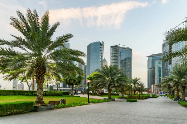 Prachtig Uitzicht Een Park Tussen Wolkenkrabbers Het Centrum Van Dubai — Stockfoto