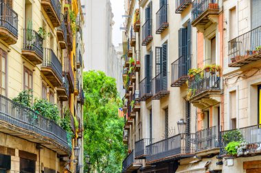 Barcelona, İspanya 'nın Gotik Mahallesi' ndeki eski evlerin manzaralı balkonları. Barselona Avrupa 'nın popüler bir turizm beldesidir..