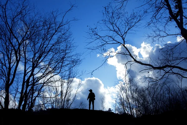 One man stand alone between dry trees — Stock Photo, Image