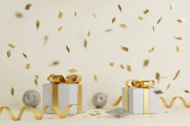 Yeni yıl hediyeleri ve konfeti. Bayrak tasarımı. 3B Görüntü