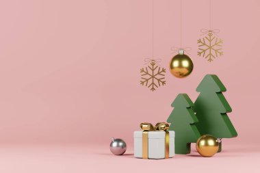 Konfeti ve dekorasyonlu Noel ve Yeni Yıl Hediyeleri. Bayrak tasarımı 3D İllüstrasyon