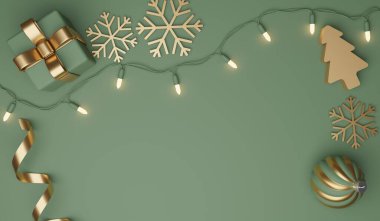 Konfeti ve dekorasyonlu Noel ve Yeni Yıl Hediyeleri. Bayrak tasarımı 3D İllüstrasyon