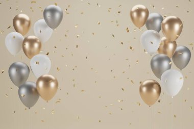 Yeni yıl balonu ve konfeti. Bayrak tasarımı. 3B Görüntü