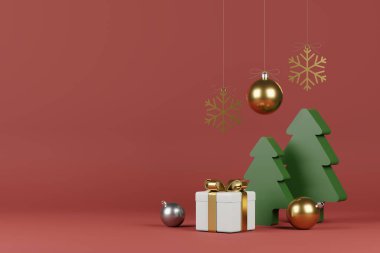 Konfeti ve dekorasyonlu Noel ve Yeni Yıl Hediyeleri. Bayrak tasarımı 3D İllüstrasyon