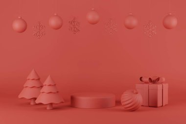 Noel ve Yılbaşı Ağacı ve Kar Tanesi 3D illüstrasyonlu Ürün Kürsüsü ve Yeni Yıl Kavramı