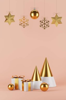 Konfeti ve dekorasyonlu Noel ve Yeni Yıl Hediyeleri. Bayrak tasarımı 3D İllüstrasyon