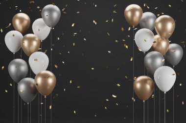 Yeni yıl balonu ve konfeti. Bayrak tasarımı. 3B Görüntü
