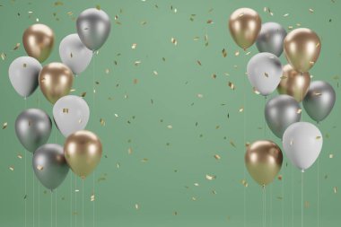 Yeni yıl balonu ve konfeti. Bayrak tasarımı. 3B Görüntü