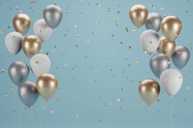 Yeni yıl balonu ve konfeti. Bayrak tasarımı. 3B Görüntü