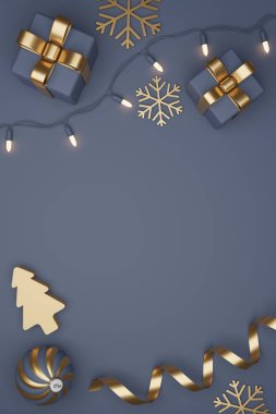Konfeti ve dekorasyonlu Noel ve Yeni Yıl Hediyeleri. Bayrak tasarımı 3D İllüstrasyon