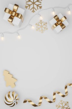 Konfeti ve dekorasyonlu Noel ve Yeni Yıl Hediyeleri. Bayrak tasarımı 3D İllüstrasyon