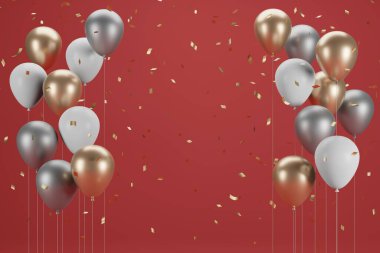 Yeni yıl balonu ve konfeti. Bayrak tasarımı. 3B Görüntü