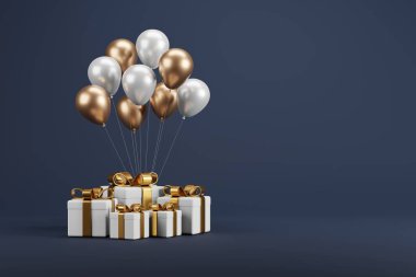 Konfeti ve dekorasyonlu Noel ve Yeni Yıl Hediyeleri. Bayrak tasarımı 3D İllüstrasyon