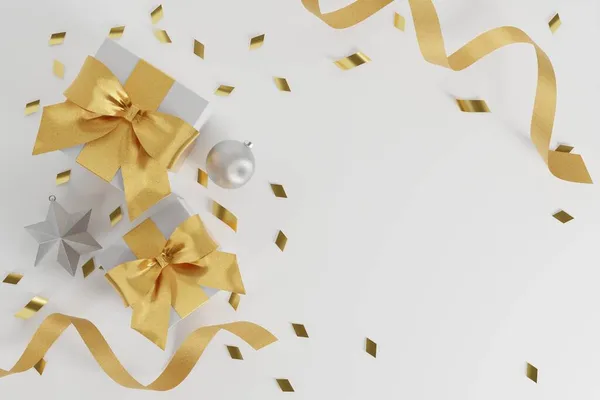 Kerst Nieuwjaar Geschenken Met Confetti Decoratie Banner Ontwerp Illustratie — Stockfoto