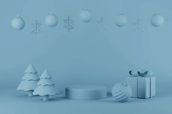 Produkt Podium Jul Och Nyår Koncept Med Julgran Och Snöflinga — Stockfoto