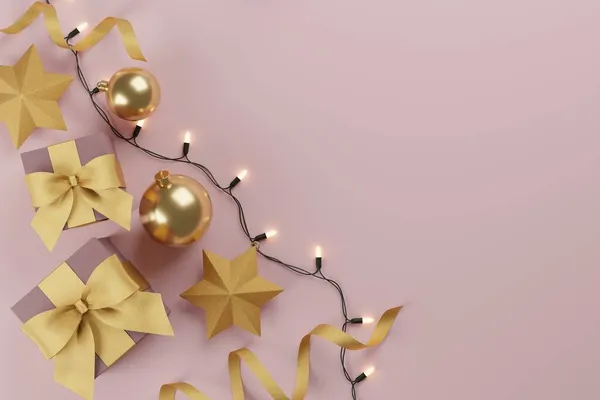 クリスマスとお正月のギフトは コンフェッティと装飾で バナーデザイン3Dイラスト — ストック写真