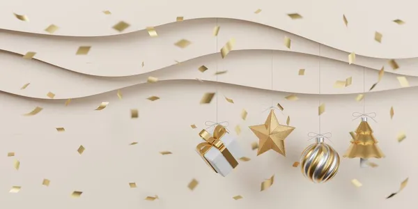 クリスマスとお正月のギフトは コンフェッティと装飾で バナーデザイン3Dイラスト — ストック写真