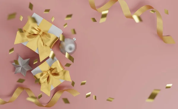 Kerst Nieuwjaar Geschenken Met Confetti Decoratie Banner Ontwerp Illustratie — Stockfoto