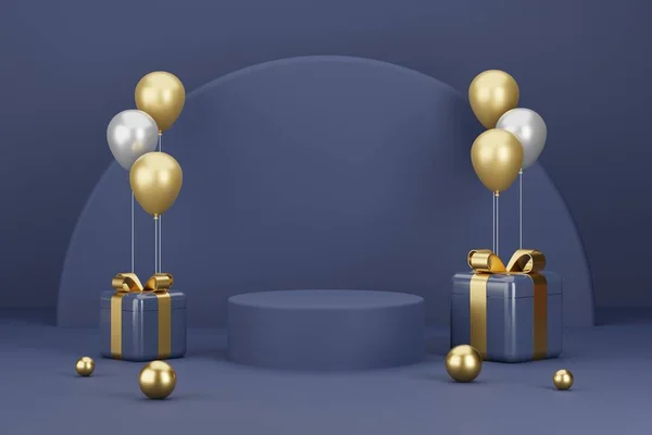 Product Podium Met Nieuwjaar Geschenken Ballonnen Achtergrond Illustratie — Stockfoto