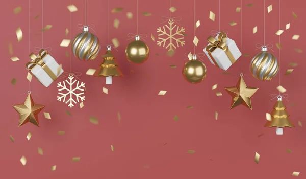 圣诞及新年礼物配上五彩纸屑及装饰品 横幅设计3D插图 — 图库照片