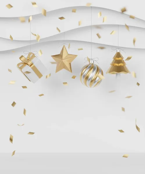 Kerst Nieuwjaar Geschenken Met Confetti Decoratie Banner Ontwerp Illustratie Stockfoto