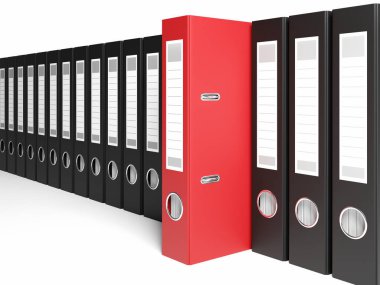 3D illüstrasyon Üst üste halka klasörleri ile organize edilmiş arşiv, biri kırmızı: arşiv, veritabanı ve arama konsepti