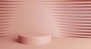 Geometrik şekilli 3 boyutlu illüstrasyon asgari düzeyde. Pembe arka planda silindir podyumlar. Kozmetik ürünü, vitrin, vitrin, vitrin, vitrin ve sahne