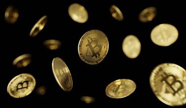 3 boyutlu illüstrasyon Bitcoinler Düşüyor, kripto para birimi için engelleme teknolojisi, siyah arkaplanda izole edilmiş