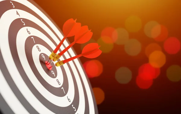 3D illustration Success hitting target aim goal achievement concept background - three darts in bull\'s eye close up. red three darts arrows in the target center business goal concept