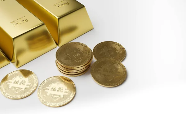 Illustration Gold Bitcoins Mit Goldbarren Auf Weißem Hintergrund — Stockfoto