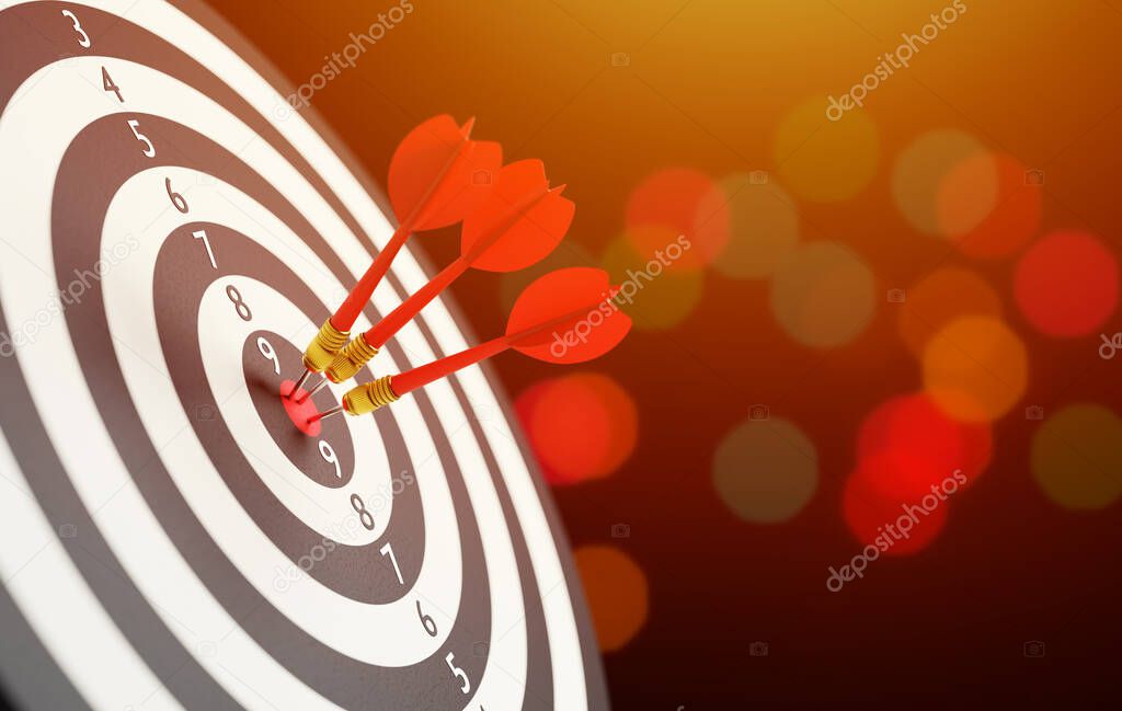 3D illustration Success hitting target aim goal achievement concept background - three darts in bull's eye close up. red three darts arrows in the target center business goal concept