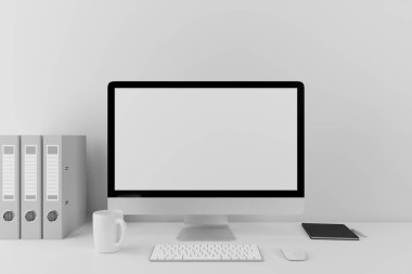 3D illüstrasyon: Beyaz odada modern bilgisayar monitörü