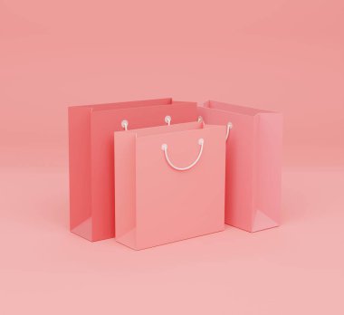 Pembe arka planda 3 boyutlu illüstrasyon, pembe alışveriş torbaları.