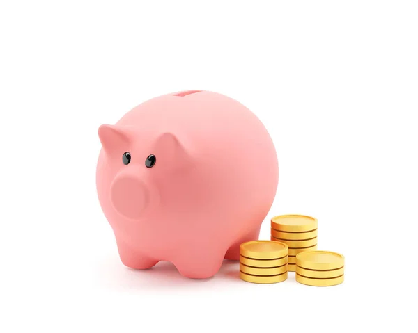 Pink Piggy Bank Coins White Background Illustration — Stockfoto