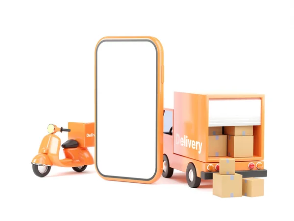 3D图解 派递服务 滑板车及带有白色背景智能手机的派递货车 — 图库照片