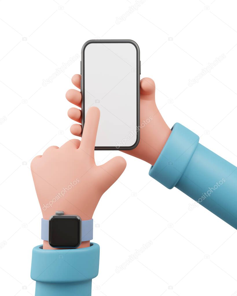 3D illustration Hand hold a smart phone with blank screen on white Background