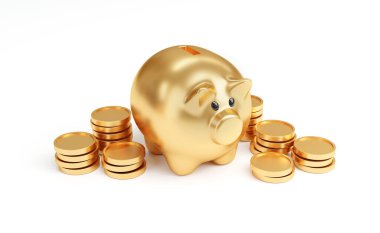 Kar amacı güden beyaz arka planda bir yığın altın sikke. Altın sikkeler ya da para birimi. 3B görüntüleme.